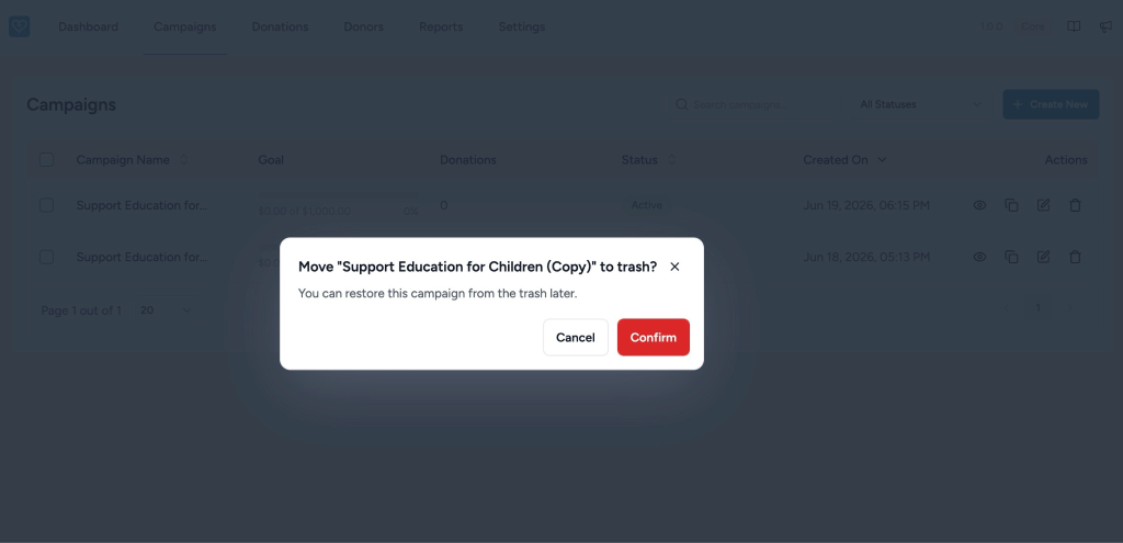 Creating and Managing Campaigns in SureDonation Confirm move to trash dialog