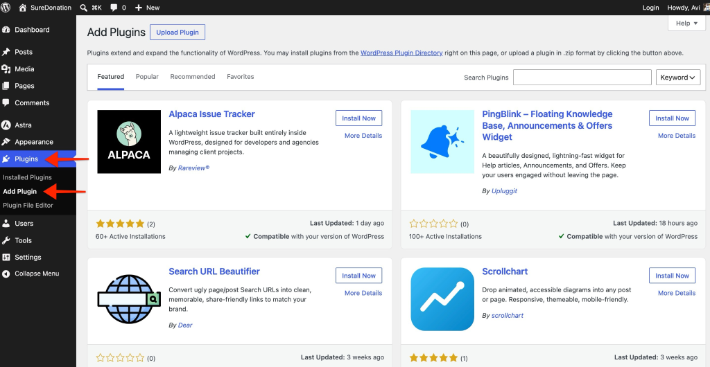 Installing SureDonation Plugins → Add New Plugin