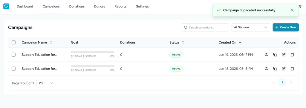 Creating and Managing Campaigns in SureDonation Campaigns page with active campaigns.