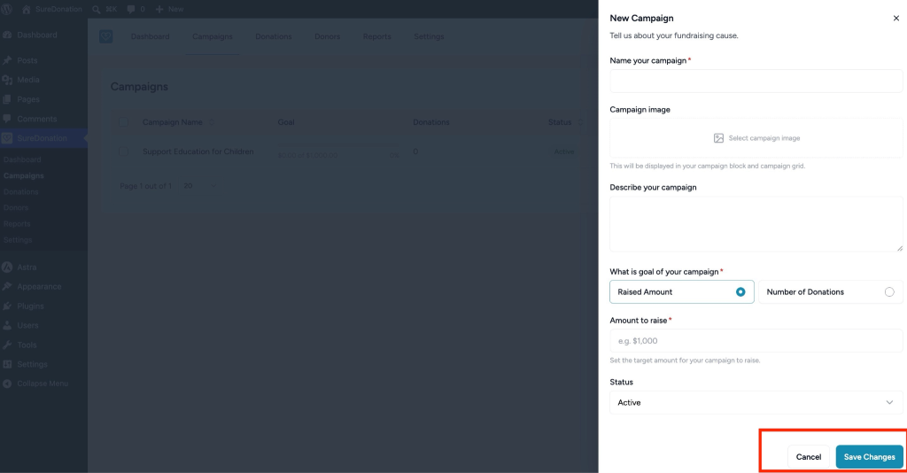 Creating and Managing Campaigns in SureDonation Save campaign changes button