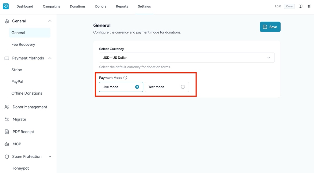 Configuring General Settings in SureDonation Live vs. Test Payment Mode