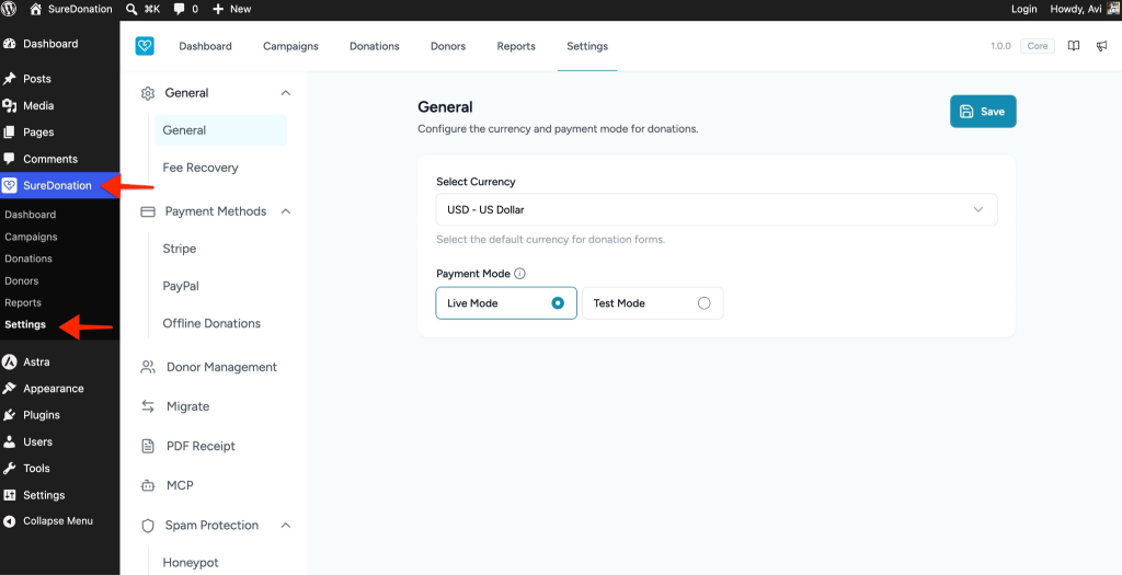Configuring General Settings in SureDonation SureDonation plugin settings page