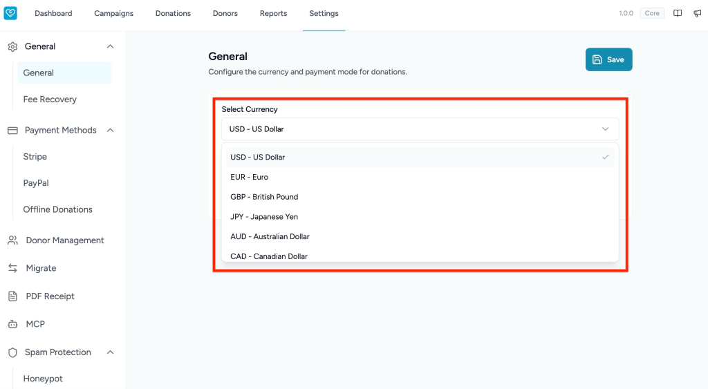 Configuring General Settings in SureDonation Select donation currency