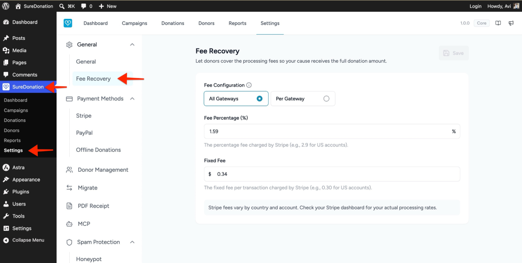 Configuring Fee Recovery in SureDonation Fee recovery settings screen