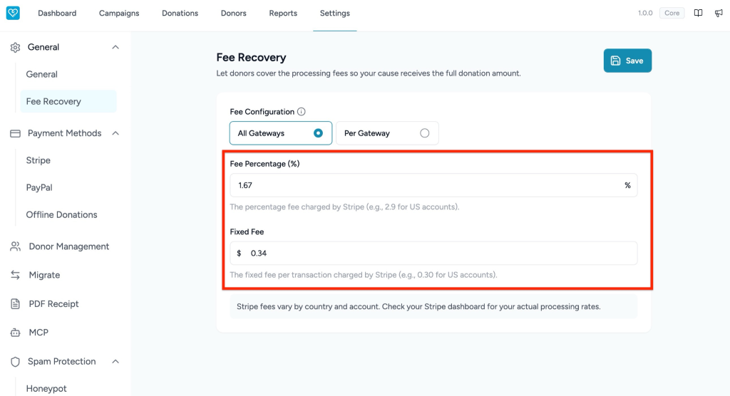 Configuring Fee Recovery in SureDonation Fee recovery settings example