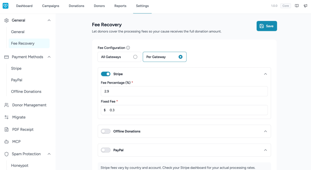 Configuring Fee Recovery in SureDonation Fee Recovery settings configuration.