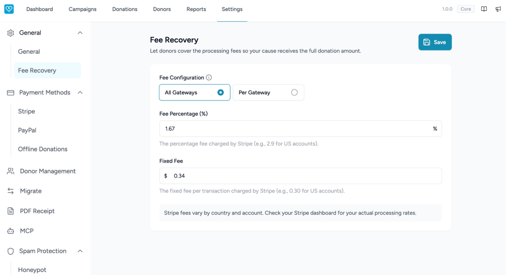 Configuring Fee Recovery in SureDonation Donation fee recovery settings