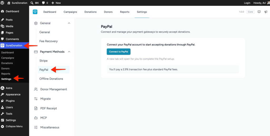Connecting PayPal in SureDonation PayPal payment gateway settings