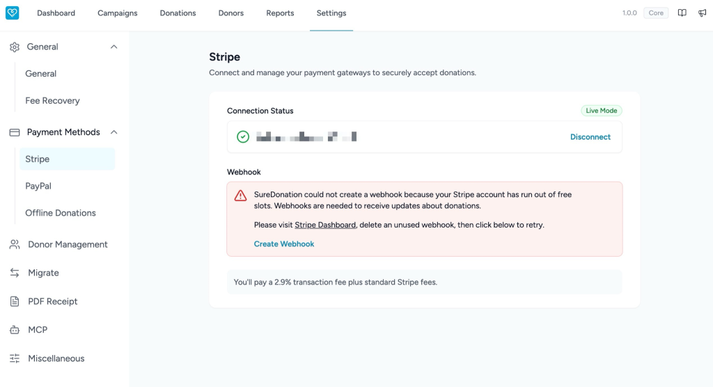 Connecting Stripe in SureDonation Stripe payment gateway settings