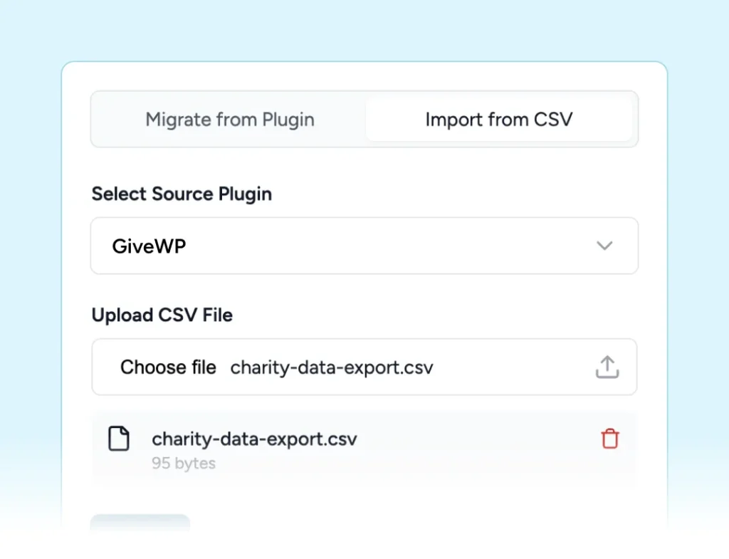 Home Import charity data via CSV.