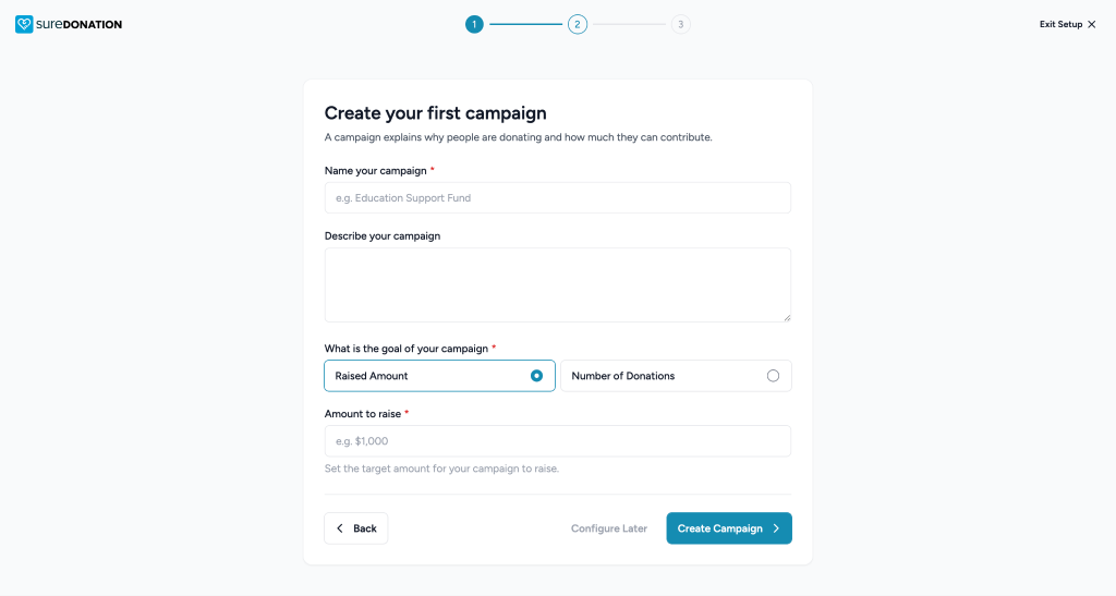 SureDonation Onboarding Wizard Create first campaign form