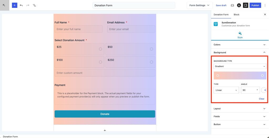 How to Style a Donation Form Donation form gradient background settings