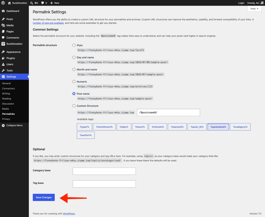 How to Flush WordPress Permalinks for SureDonation WordPress permalink settings screen