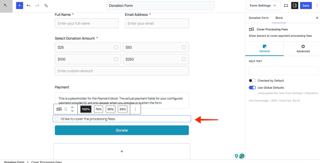 Cover processing fees checkbox