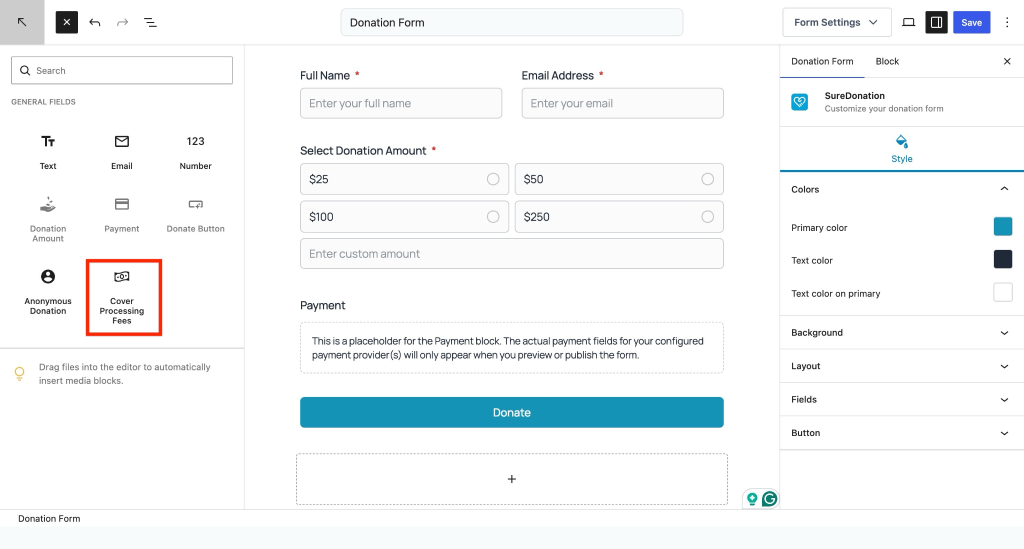 Cover processing fees button
