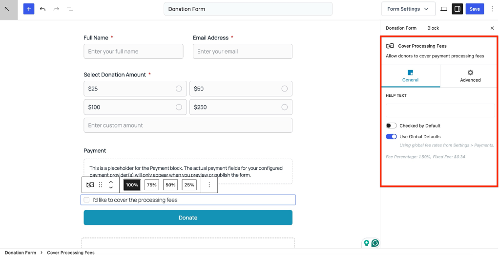 Donation form processing fees settings