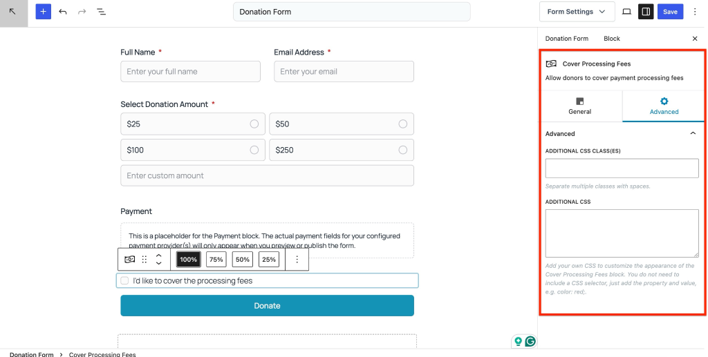 Donation form advanced settings
