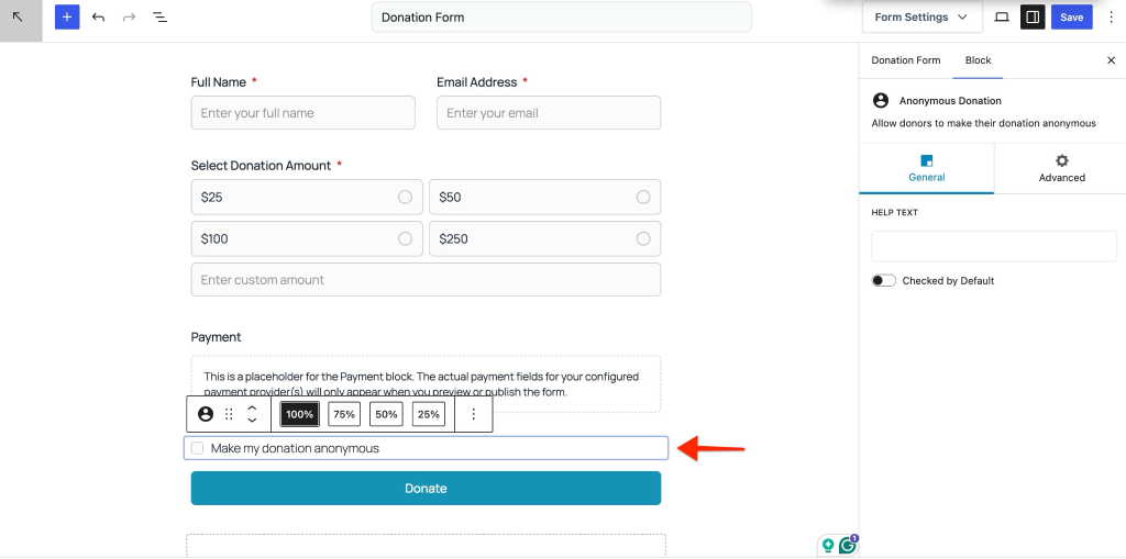 Anonymous Donation Field Donation form anonymous option