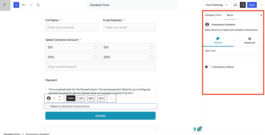 Anonymous Donation Field Anonymous donation settings in form.