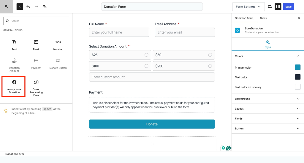 Anonymous Donation Field