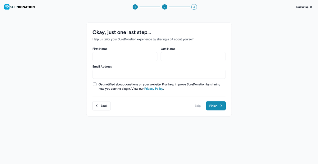 SureDonation Onboarding Wizard Final setup step form