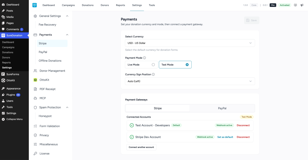 Payments settings - SureDonation