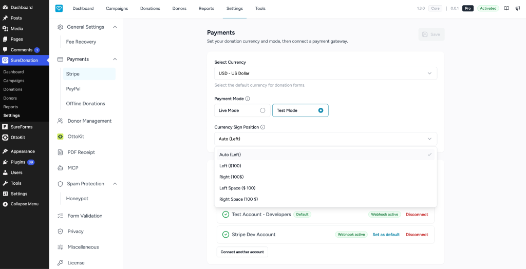 Stripe payment settings configured.