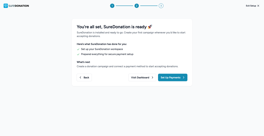 SureDonation Onboarding Wizard SureDonation setup complete success message