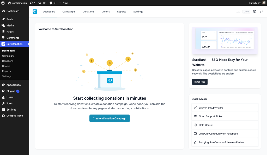 SureDonation Dashboard SureDonation dashboard with donation graphic
