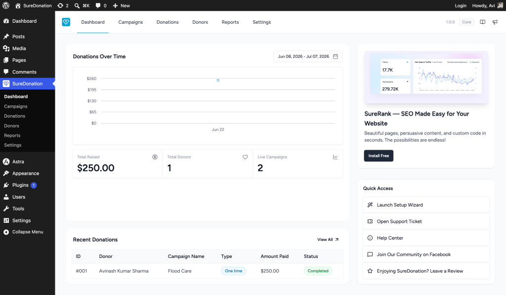 SureDonation Dashboard SureDonation Dashboard Overview en-US