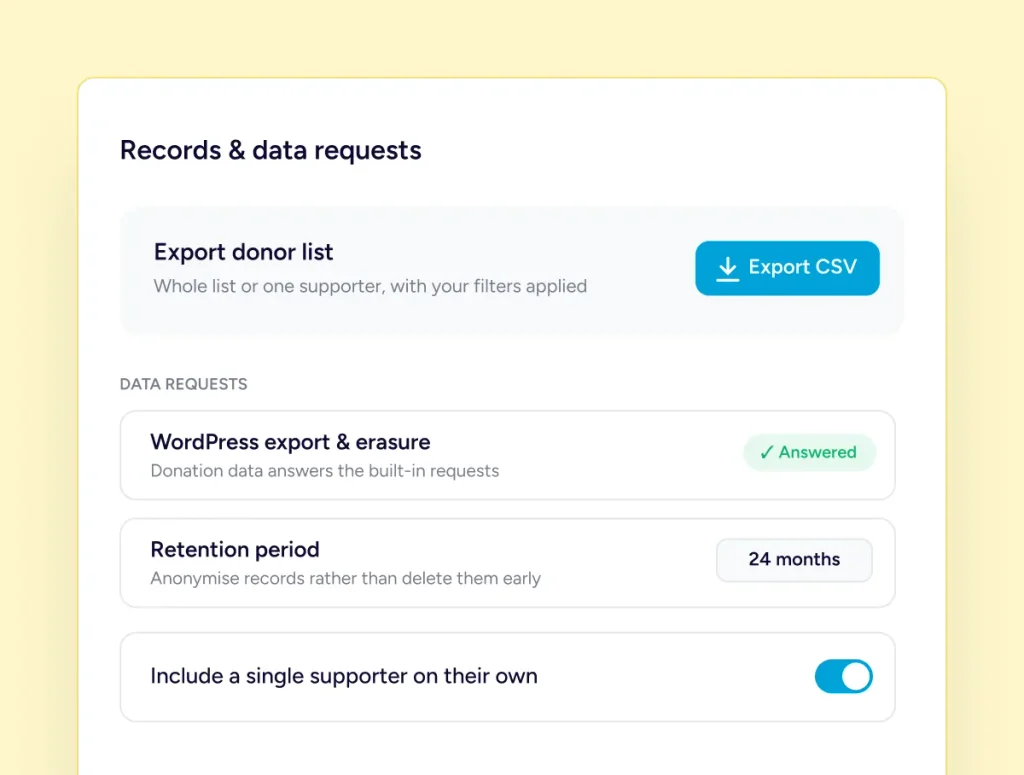 Export donor and data requests