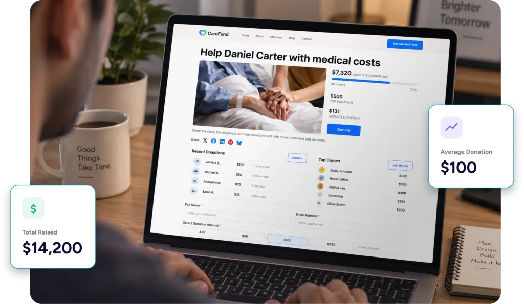 Medical fundraising on laptop screen