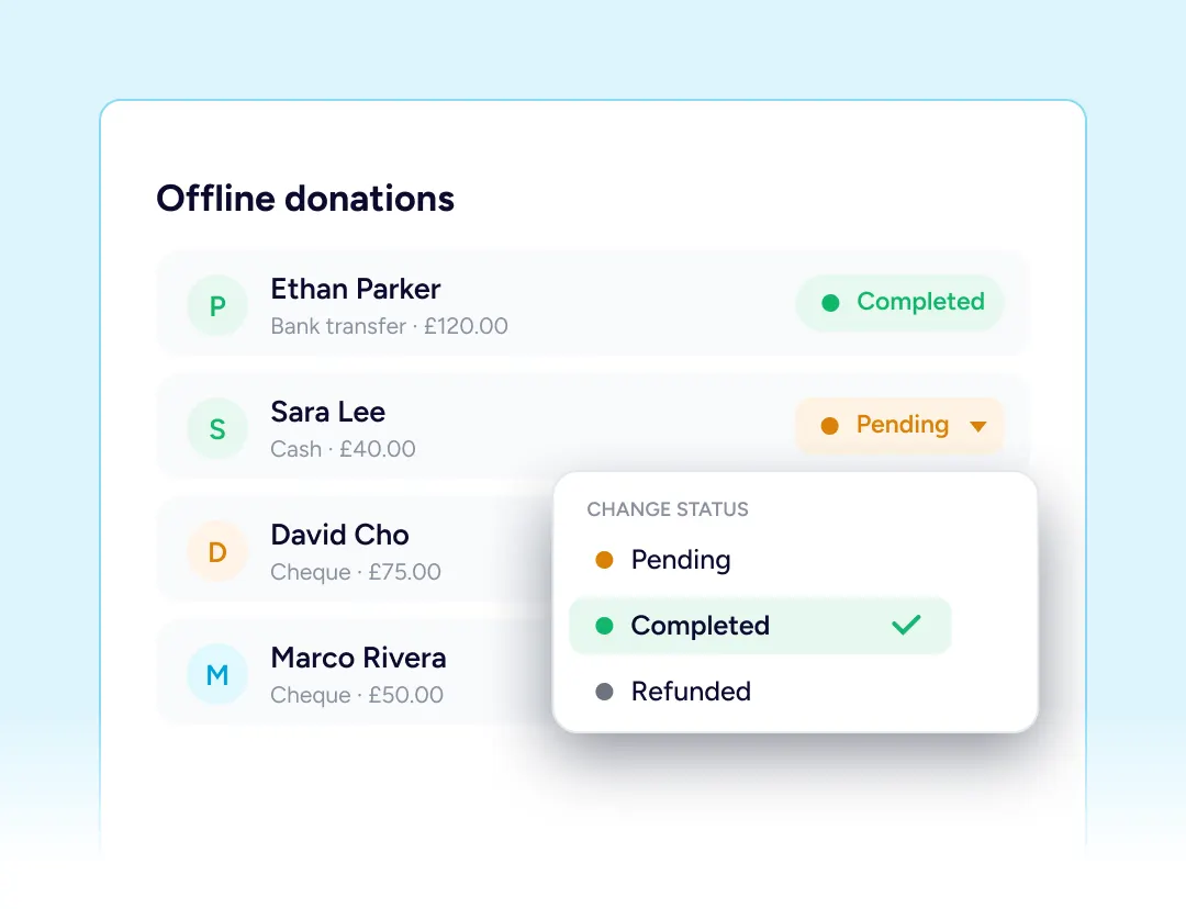 Payments Offline donations list interface