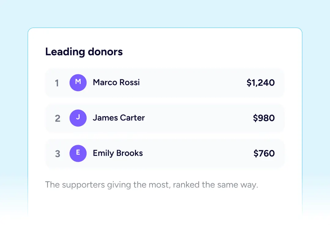 Leading donors list with amounts
