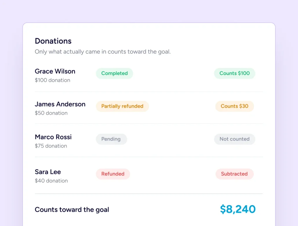 Campaign Goals & Progress Tracking Donation tracking table summary