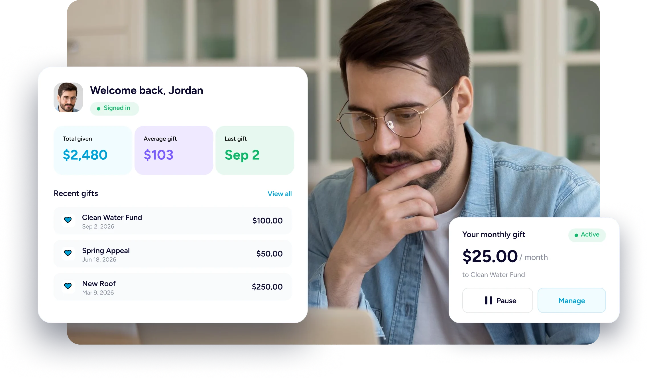Donation tracking dashboard with man