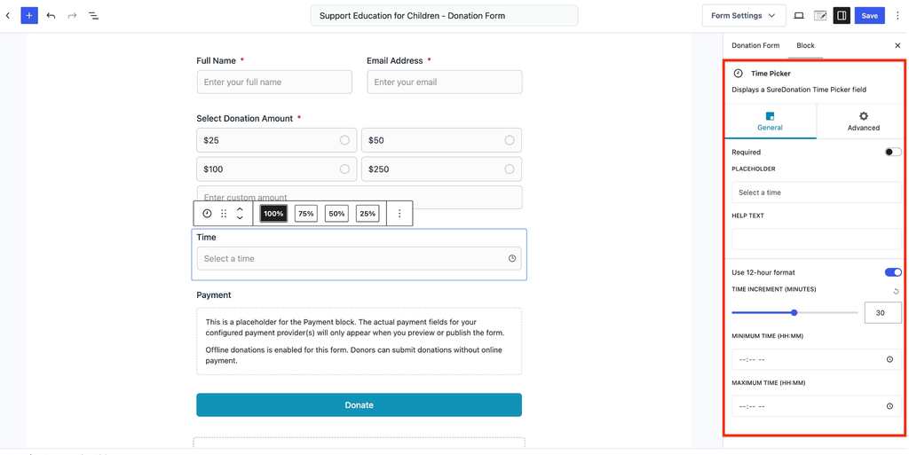 Donation form time picker settings