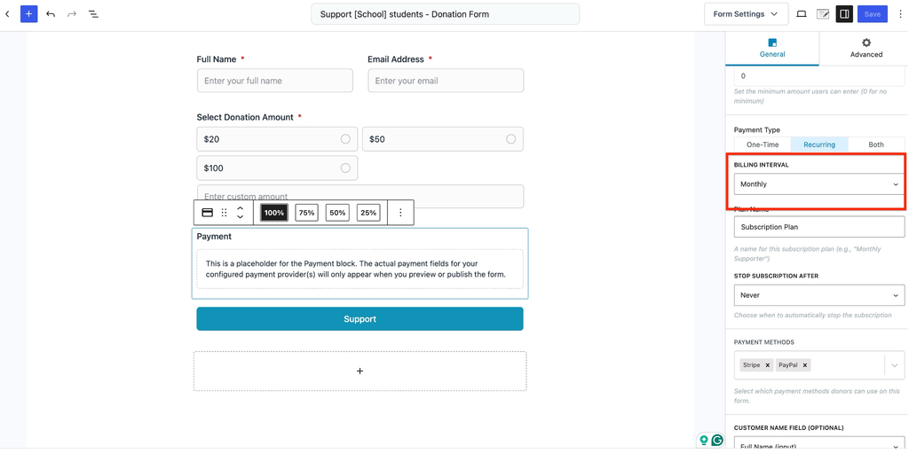 Monthly billing interval selected
