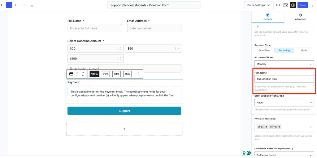 Donation form setup for subscriptions