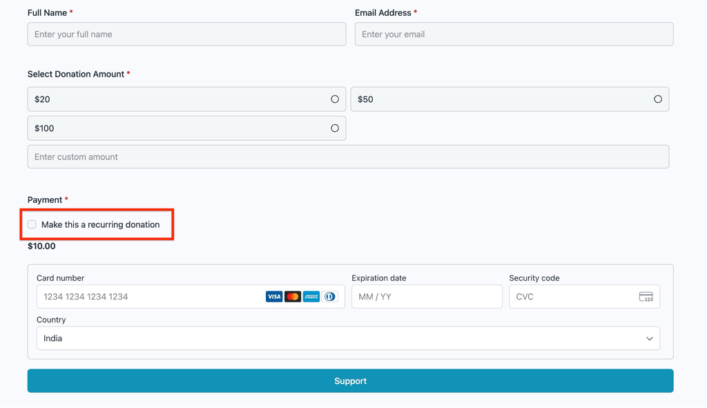Make recurring donation checkbox