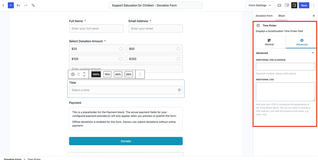 Donation form time picker settings