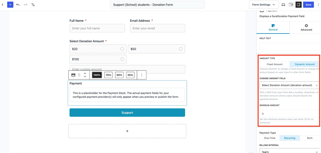 Donation form setup screen