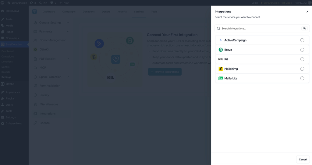 Connect SureDonation integrations panel