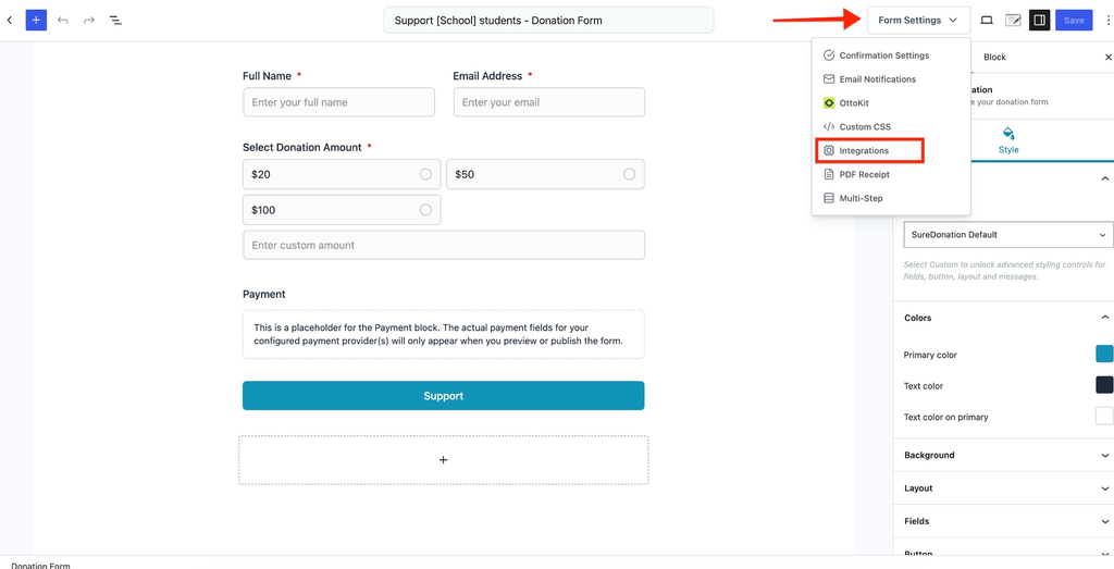 Donation form settings integrations