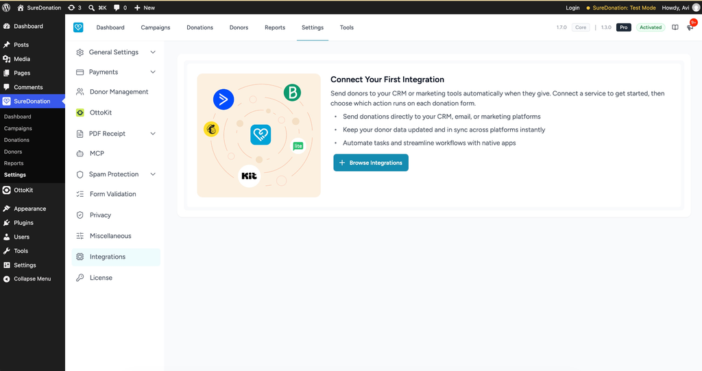 SureDonation integrations settings page