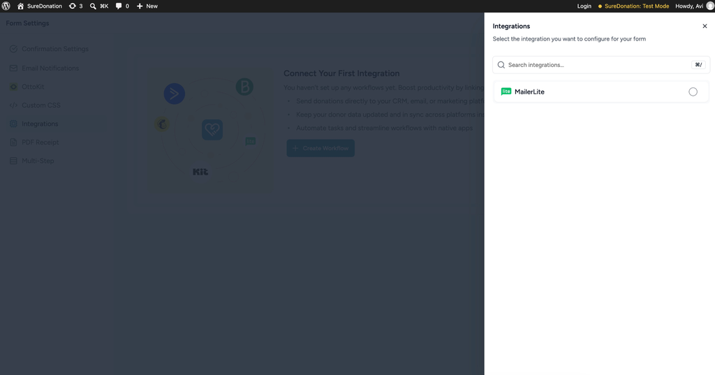 Integrations page with MailerLite