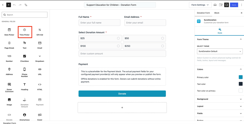 Time picker form field selection