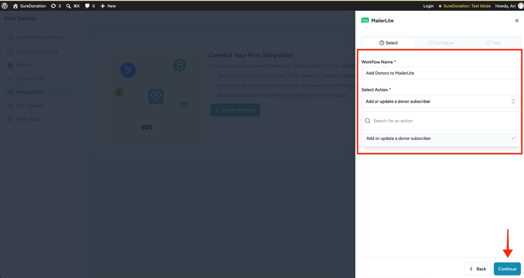 MailerLite integration workflow setup