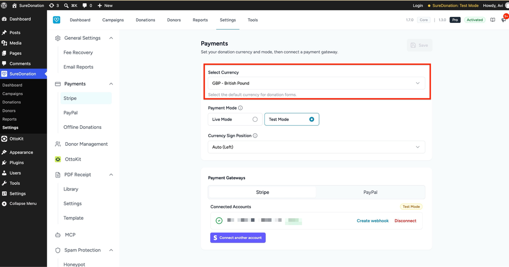 Gift Aid in SureDonation SureDonation payment settings currency.