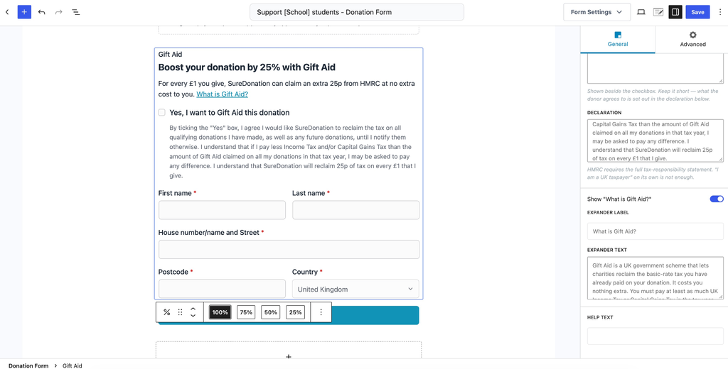 Gift Aid in SureDonation Gift Aid form fields